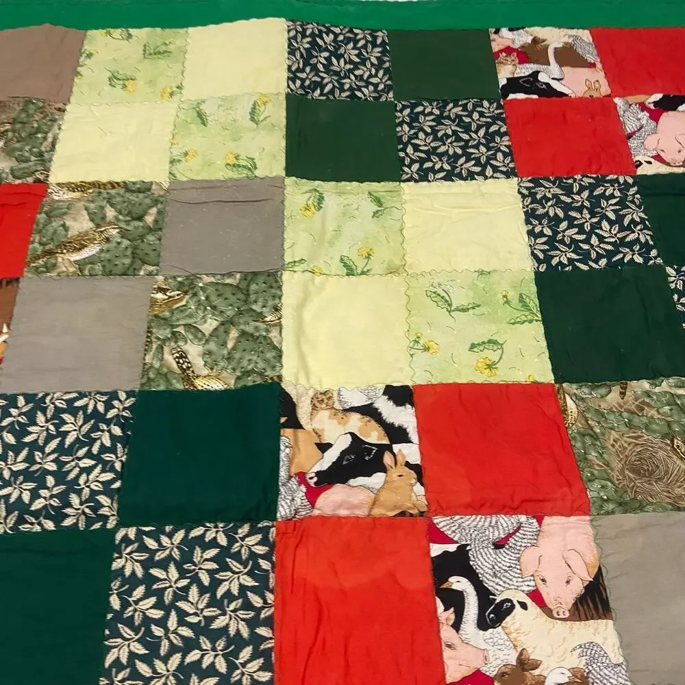 Baby Blanket Farm Animals Birds Green Border & Background Lap Blanket Handmade